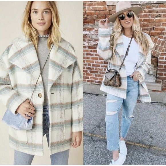 New ANTHROPOLOGIE Elsa •XS P Petite•Cream Blue Plaid Fuzzy Oversized Coat Jacket - Picture 3 of 11